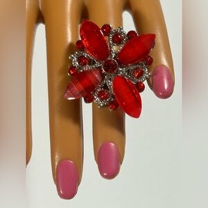 Stunning Ruby Red Statement Flower Ring Adjustable Bold Silver Tone